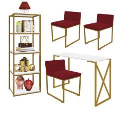 Imagem de Kit Escritório Bex 3 Cadeiras Suede Vermelho com 1 Mesa e 1 Livreiro Ferro Dourado MDF Branco - Ahazzo Móveis