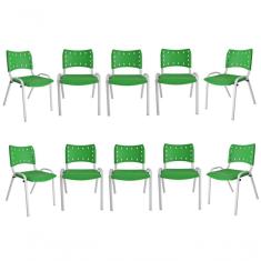 Imagem de Kit 10 Cadeiras Iso Para Escola Escritório Comércio Verde Base Branca