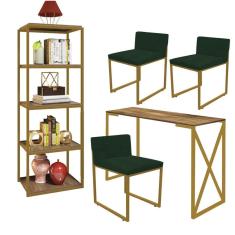 Imagem de Kit Escritório Bex 3 Cadeiras Suede Verde com 1 Mesa e 1 Livreiro Ferro Dourado MDF Imbuia - Ahazzo Móveis