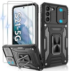 Imagem de Gritup Capa para Galaxy-S21 com capa deslizante para câmera + [2 protetores de tela HD], suporte de anel giratório de metal 360°, capa protetora à prova de choque de grau militar para Samsung Galaxy