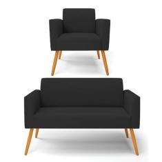 Imagem de Sofá Namoradeira com Poltrona Pés Palito Castanho Marisa Veludo Preto D03 - D'Rossi