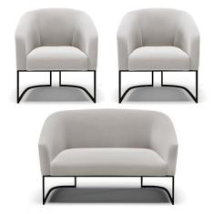 Imagem de Sofá Namoradeira e 2 Poltronas Base Industrial Preto Stella Veludo Cinza D03 - D'Rossi