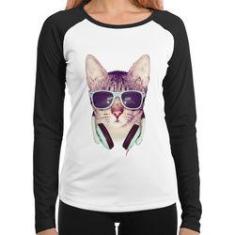Imagem de Baby Look Raglan Gato Headphone Manga Longa - Foca Na Moda