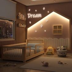 Imagem de Cama Montessoriana Wave Solteiro com Moldura Infantil Casinha com Led Dream Decor Casatema Branco/Natural