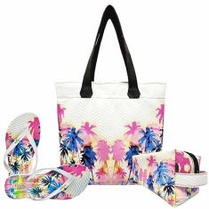 Imagem de Kit Tropical Feminino Coqueiros Coloridos Bolsa, Necessaire, Chinelo, Magicc