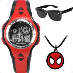 Imagem de Relogio Vermelho Led Infantil + Colar Casual Presente Digital Heroi Silicone Ajustavel Preto Social