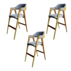 Imagem de Kit 3 Banquetas Laura Madeira Maciça de Eucalipto Verniz Linho Cinza/Marrom