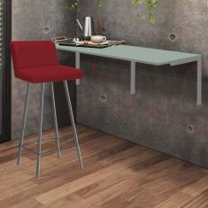 Imagem de Kit Mesa Suspensa de Parede Fixa MDF Verde Oliva + 1 Banqueta Lexi Ferro Prata Sintético Vermelho - Ahazzo Móveis