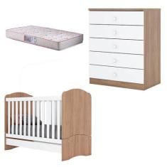 Imagem de Berço Nacional e Cômoda Infantil Bala de Menta Rústico Branco com Colc