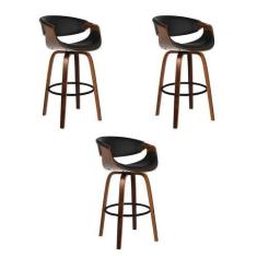 Imagem de Kit 3 Banquetas Nicole Preta PU Base Madeira - Rivatti