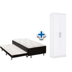Imagem de Cama Box Solteiro Conjugado Ortobom Black c/ Auxiliar + Armário Multiuso Margarida Branco