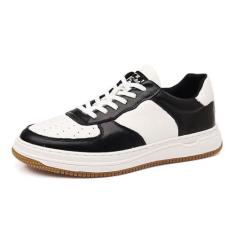 Imagem de Sapatos casuais masculinos de couro genuíno - tênis preto e branco, sapatos esportivos de couro de grão plano para estudantes, Preto, 37