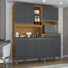 Imagem de Cozinha Compacta com 9 Portas 1 Gaveta e Espaço para Micro-ondas 100% Mdf Roma perfil Espresso Móvei Amêndoa/Cinza