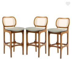 Imagem de Kit 3 Banquetas Alta com Encosto Rattan Decor Madeira Imbuia Linho Verde L84 RMI