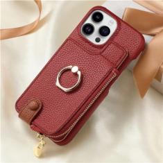 Imagem de Carteira de couro com zíper com porta-cartão capa de telefone para iPhone 13 12 Mini 15 14 11 Pro Max XS XR X 7 8 Plus Ring Kickstand Cover, vermelha, para iPhone Xr