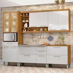 Imagem de Cozinha Completa Burguesa Premium 11 Portas 5 Gavetas com Vidro 100% Mdf Amadeirado Freijó/Branco - Nesher