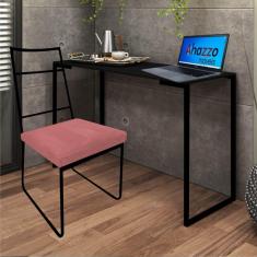 Imagem de Kit Escritório Stark Cadeira e Mesa Industrial Ferro Preto Tampo MDF Preto Suede Rose Gold - Ahz Móveis