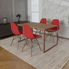 Imagem de Mesa Industrial Base Ferro Cobre Tampo 137X90 Amêndoa 4 Cadeiras Madeira Assento Vermelho Marrom