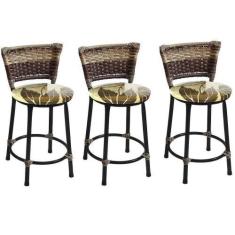 Imagem de Kit 3 Banquetas Baixa Preta Junco Capuccino com Assento Floral Marrom 