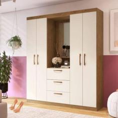 Imagem de Guarda Roupa Solteiro Panama 4 Portas 3 Gavetas C/ Espelho Off White/nogueira - Doripel