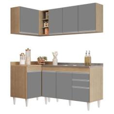 Imagem de Armário de Cozinha Modulado de Canto Direito 4 Peças CP39 com Pia Inox Castanho/Cinza - Lumil