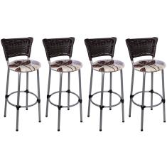 Imagem de Kit 4 Banquetas Alta Prata Junco Argila com Assento Floral Marrom Fortmix