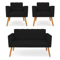 Imagem de Kit 1 Sofá Namoradeira E 2 Poltronas Elisa Linho Preto A79 Pés Palito