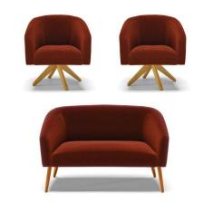 Imagem de Kit 1 Sofá Namoradeira e 2 Poltronas Stella Bouclê Terra Base de Madei