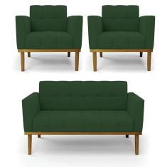 Imagem de Sofá Namoradeira E 2 Poltronas Base Madeira Castanho Elisa Veludo D03 - D\`rossi Cor Verde