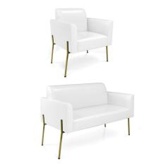 Imagem de Sofá Namoradeira e Poltrona Pé de Ferro Dourado Marisa Corano Branco D03 - D`Rossi
