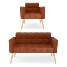 Imagem de Kit 1 Sofá Namoradeira E 1 Poltrona Elisa Corano Pés Palito Natural - D`rossi Cor Nozes