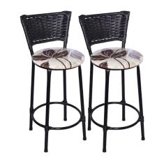 Imagem de Kit 2 Banquetas Médias Preta com Encosto Junco Preto Assento Floral Marrom