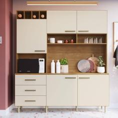 Imagem de Cozinha Compacta 5 Portas 3 Gavetas 1 Nicho para Forno Monique Móveis Cadorin Freijó/Areia