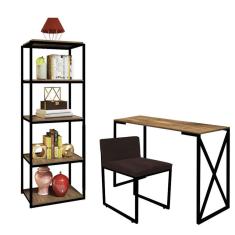 Imagem de Kit Escritório Bex 1 Cadeira Sintético Marrom com 1 Mesa e 1 Livreiro Ferro Preto MDF Freijó - Ahazzo Móveis