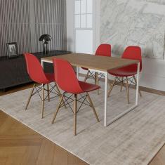 Imagem de Mesa Industrial Base Ferro Branco Tampo 137X90 Amêndoa 4 Cadeiras Madeira Assento Vermelho Marrom