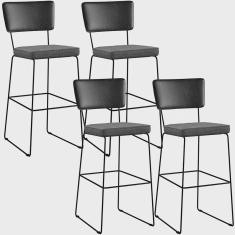 Imagem de Kit 04 Banquetas Altas Sala Jantar Fixa Allana L02 Couríssimo Preto Linho Cinza Escuro - Lyam Decor