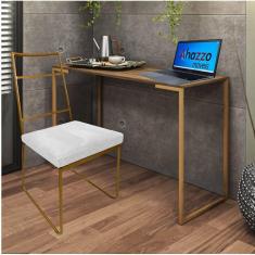 Imagem de Kit Escritório Stark Cadeira e Mesa Industrial Ferro Dourado Tampo MDF Ambar Sintético Branco - Ahz Móveis