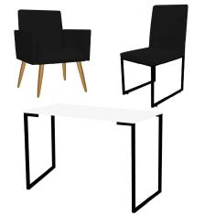 Imagem de Kit Escritório Stan Poltrona com Cadeira e Mesa Industrial Tampo Branco Preto Suede Preto - Ahz Móveis