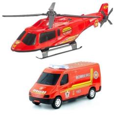 Imagem de Kit Bombeiro Helicóptero De Brinquedo Infantil Com Furgão Carrinho - T