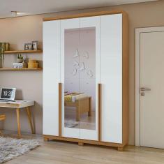 Imagem de Guarda Roupa Solteiro Ambiente Alonzo 4 Portas Amêndoa Clean Branco com Espelho e Pés - Lopas