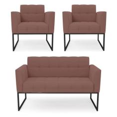 Imagem de Kit 1 Sofá Namoradeira E 2 Poltronas Elisa Veludo Rosê Base Metálica I