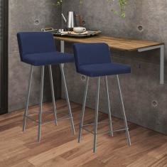 Imagem de Kit Mesa Suspensa de Parede Fixa MDF Rústico + 2 Banquetas Lexi Ferro Prata Corino Azul Marinho - Ahazzo Móveis