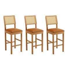 Imagem de Conjunto 3 Banquetas Jade 03 Madeira Maciça Jcm Encosto Rattan E Couro Caramelo