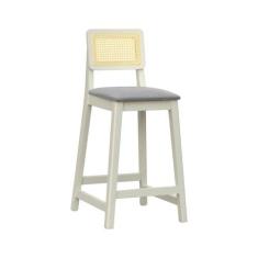 Imagem de Banqueta Gabi com 68cm Altura Madeira Maciça Encosto Telinha Assento Estofado Linho Off White/Cinza