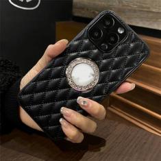 Imagem de Capa de telefone luxuosa de couro com treliça de diamante para iPhone 15 11 12 13 14 Pro Max Plus Glitter Strass Hole Capa protetora de câmera, preta, para iPhone 13