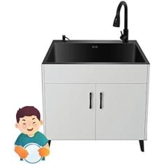Imagem de Armário De Pia De Cozinha Pia Autônoma De Aço Inoxidável Com Torneira De Água Quente E Fria, Estação De Lavagem De Mãos Multiuso Pia Comercial Para Restaurante Doméstico Interno E Externo,Branco,6