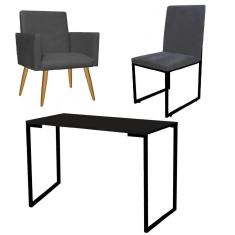 Imagem de Kit Escritório Stan Poltrona com Cadeira e Mesa Industrial Tampo Preto Tecido Sintético Cinza - Ahz Móveis