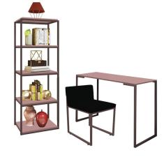 Imagem de Kit Escritório Ravi 1 Cadeira Suede Preto com 1 Mesa e 1 Livreiro Ferro Marrom MDF Rose Rosa - Ahazzo Móveis