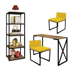 Imagem de Kit Escritório Bex 2 Cadeiras Suede Amarelo com 1 Mesa e 1 Livreiro Ferro Preto MDF Caramelo - Ahazzo Móveis