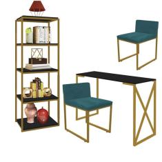 Imagem de Kit Escritório Bex 2 Cadeiras Suede Azul Turquesa com 1 Mesa e 1 Livreiro Ferro Dourado MDF Preto - Ahazzo Móveis